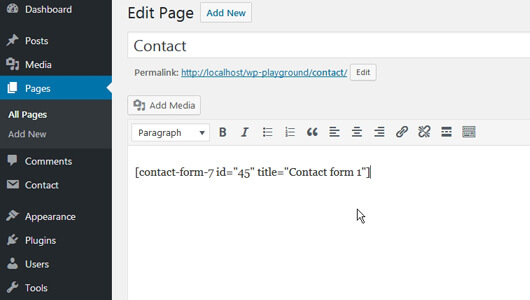 Contact menu page with the Contact-Form-7 shortcode pasted - image