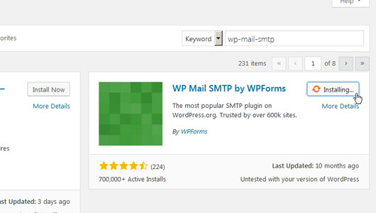 WP Mail SMTP Plugin activation on the wp plugins page - image