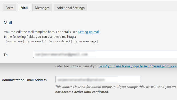 To field email values in Mail Tab is same as Administration Email Address in WordPress
