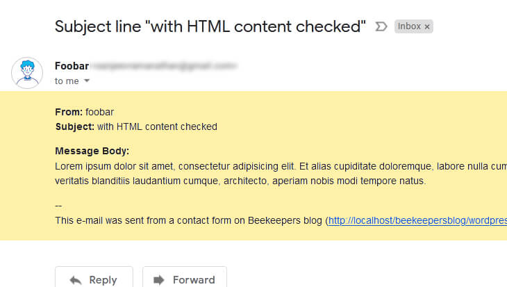 Gmail screenshot of Email output including HTML 'strong' element applied
