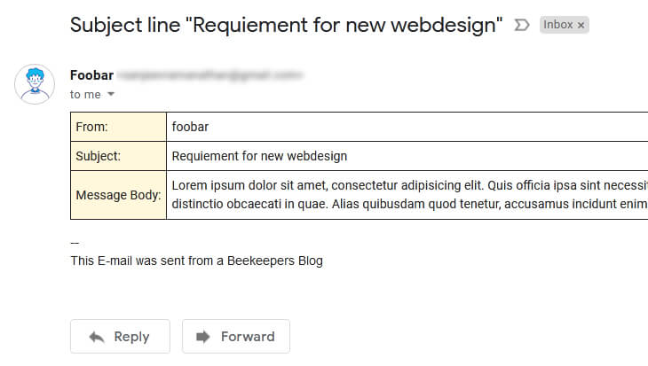 Gmail screenshot of Email output with simplified HTML table