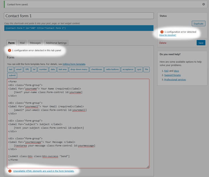 Screenshot of the Contact Form 7 plugin page with multiple errors - beekeepersblog.com