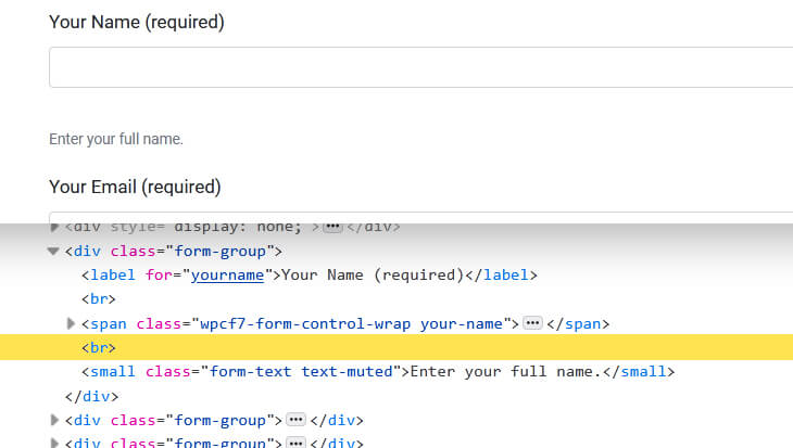 Screenshot of the form in the browser and the DOM to show the line break - beekeepersblog.com