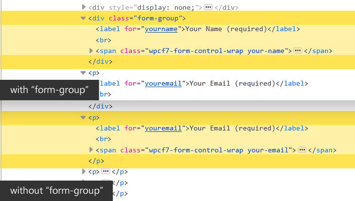 Screenshot of the DOM with and without Bootstrap form-group div element - beekeepersblog.com